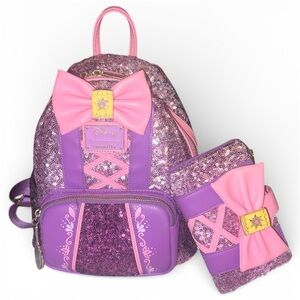 Rare Disney Loungefly Rapunzel Tangled Sequin Mini Backpack &Matching Wallet Set